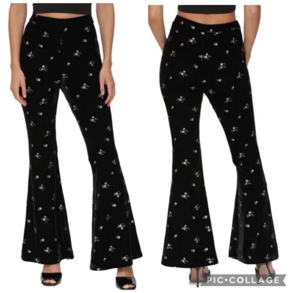 Avec Les Filles Floral Embroidered Velvet Flare Pants Black Silver S, NWOT - Picture 4 of 4